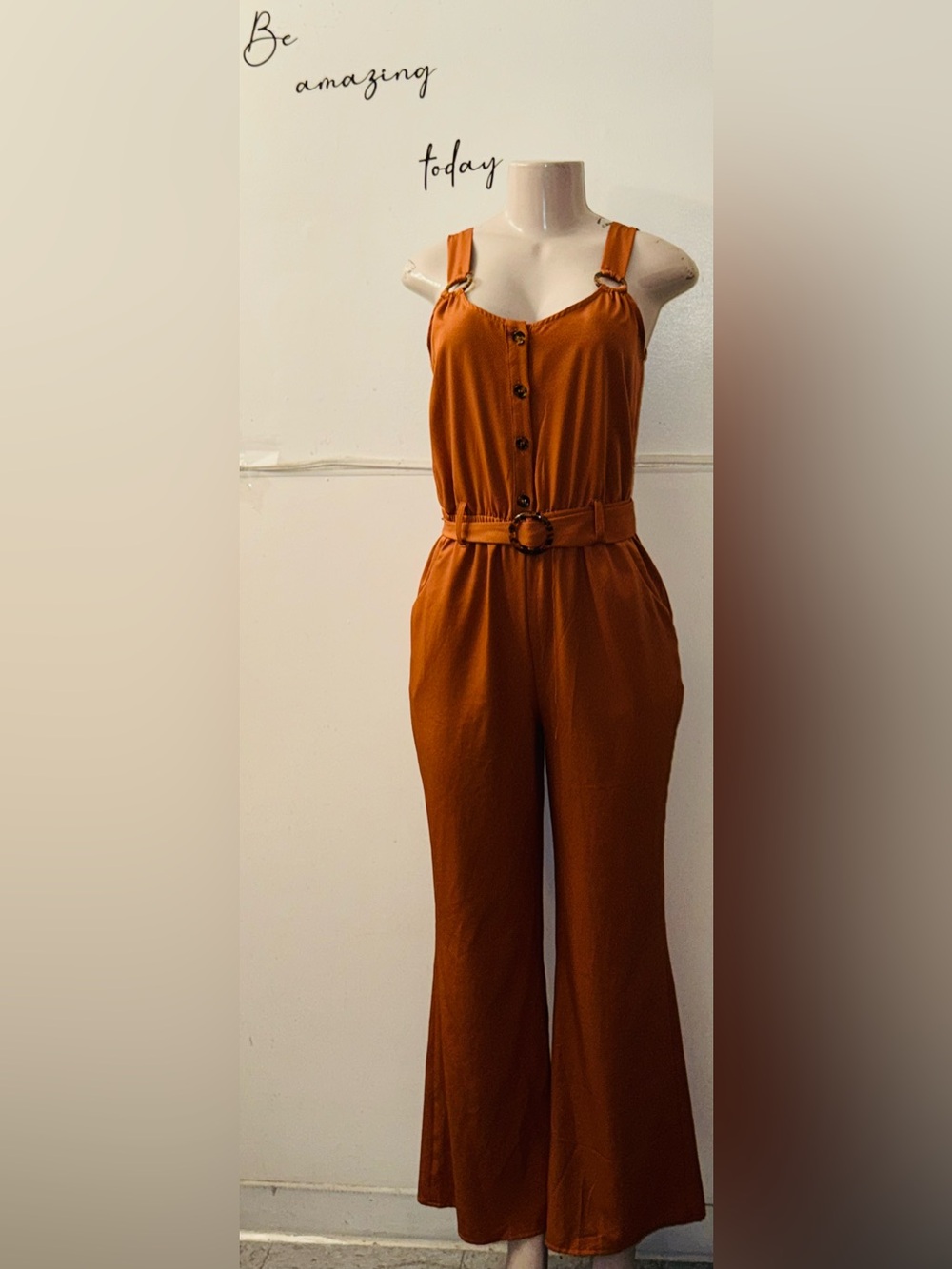 Sleeveless Belted Jumpsuit in Burnt Orange